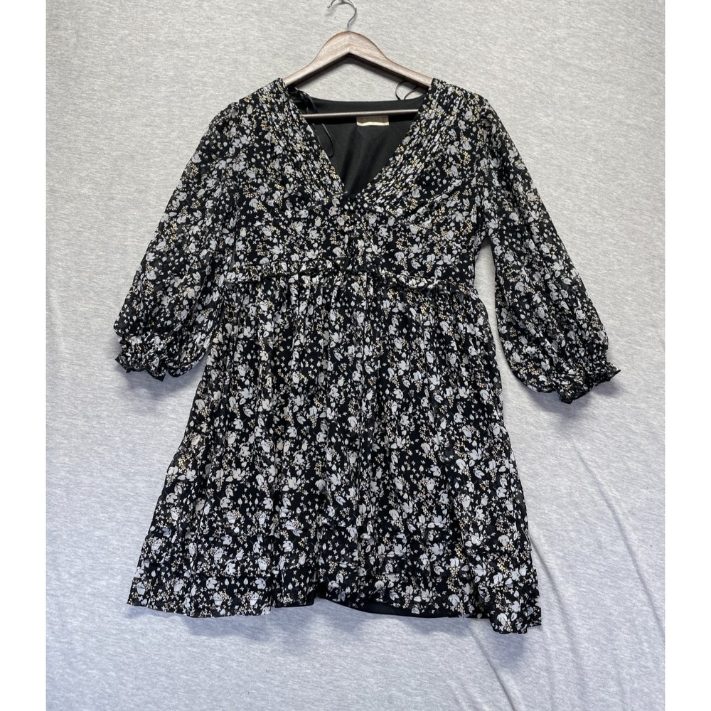 Altar'd State Mini Dress Womens XS Black Multi Floral Print V Neck Ruffle Trim
